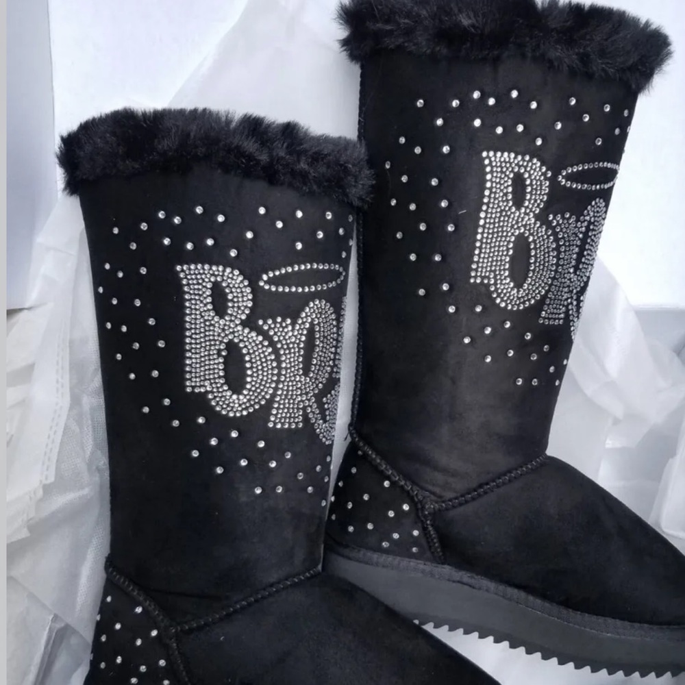 Black Bratz Time To Shine Knee High Boots with logo in rhinestones. NIB